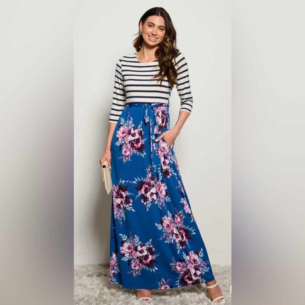Boutique Blue Floral Maxi Dress Sz Small | Striped Top Boho Spring Summer
